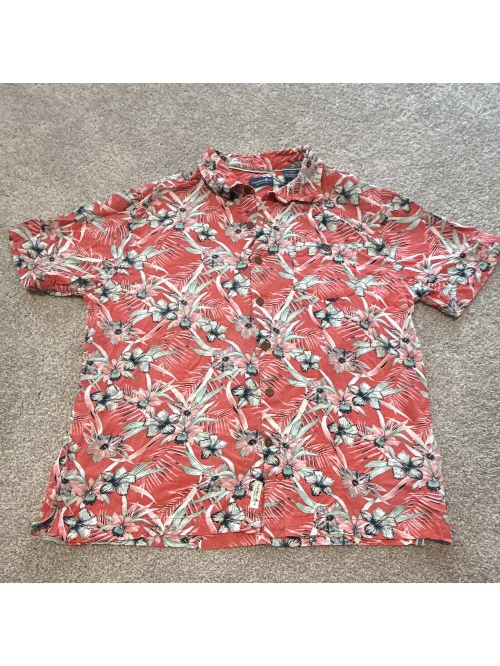 Caribbean Joe Men’s XL Coral Hawaiian Floral Rayon Button-Up Shirt Pocket